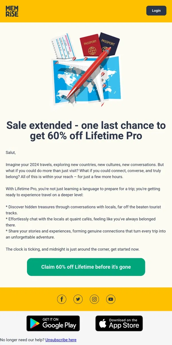 Email from Memrise. Sale extended - one last chance to get 60% off Lifetime Pro