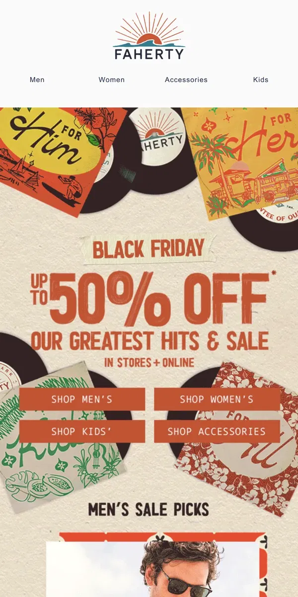 Email from Faherty. Up to 50% off on our biggest sale of the year