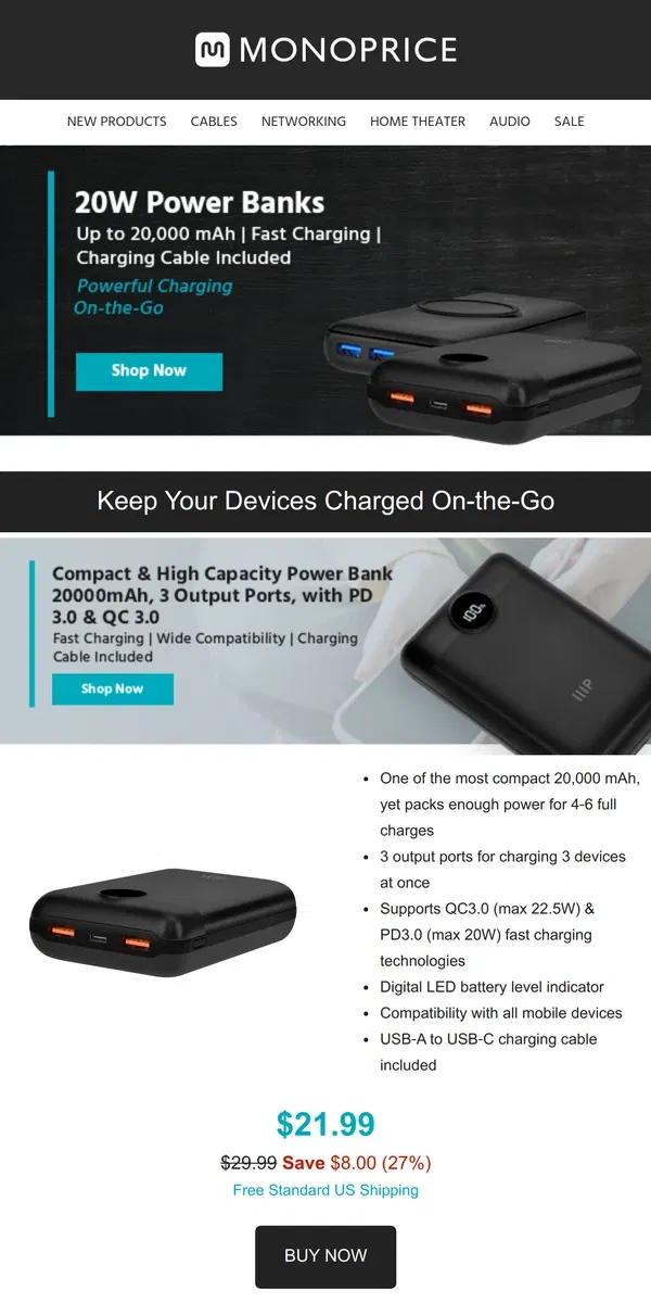 Email from Monoprice. Up to 27% OFF Fast Charging Power Banks 🔋