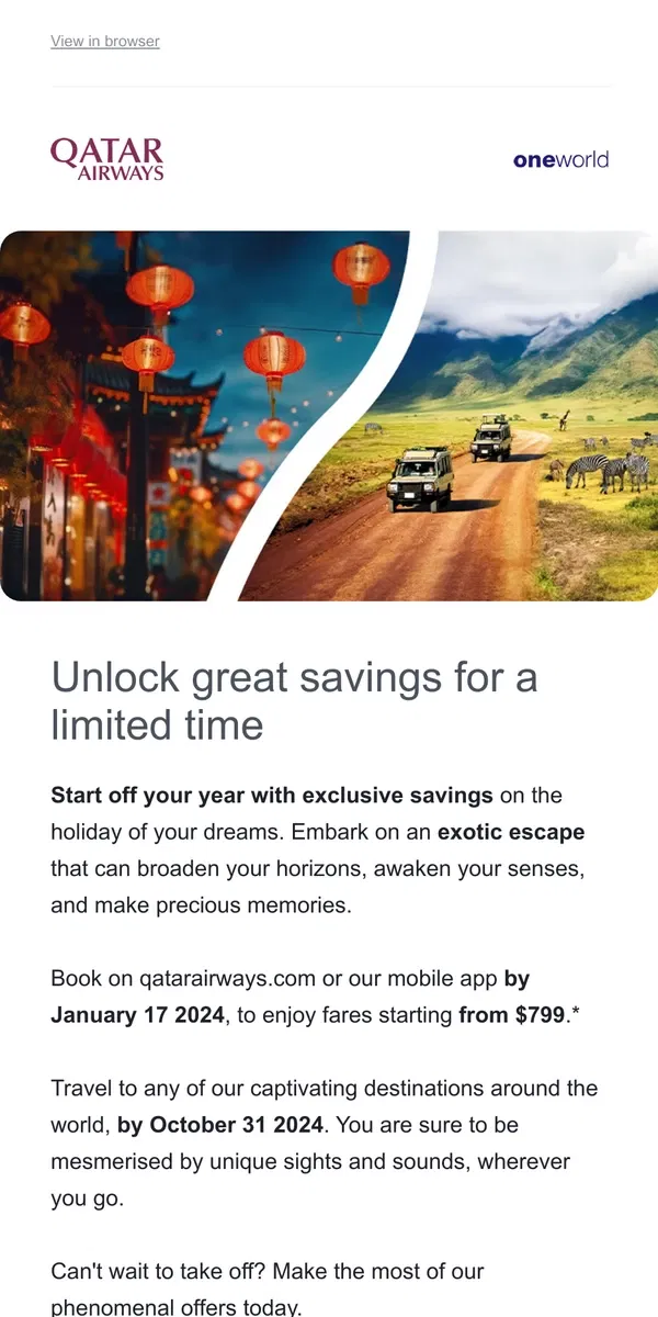 Email from Qatar Airways. New Year, New Adventures: book now & save with fares from $799