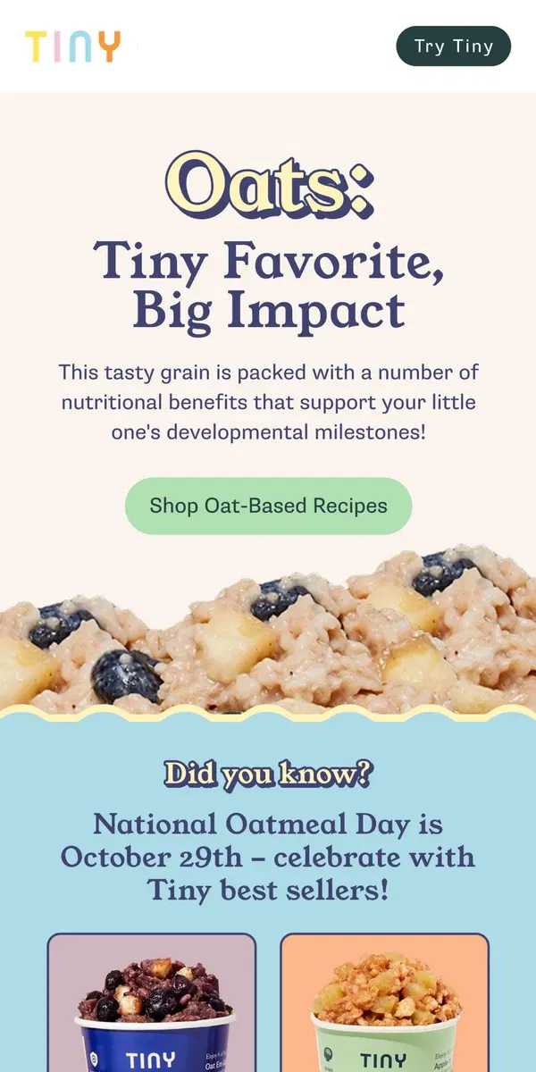 Email from Tiny Organics. Standing Oat-vation 👏